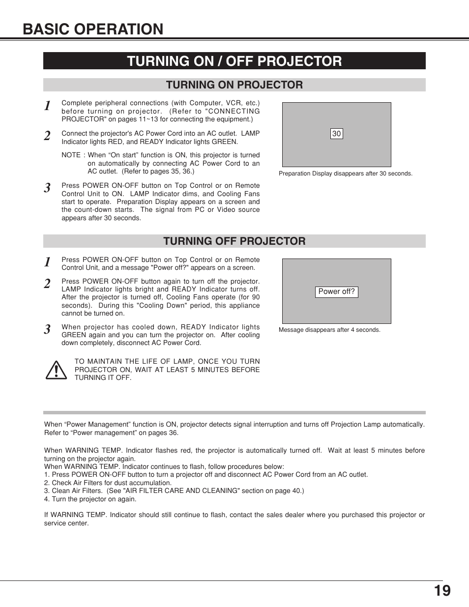 19 basic operation, Turning on / off projector | Sanyo plc-su32 User Manual | Page 19 / 48