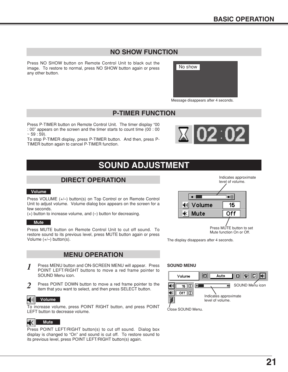 Sound adjustment, Basic operation, No show function | P-timer function, Direct operation menu operation | Sanyo plc-su32 User Manual | Page 21 / 48