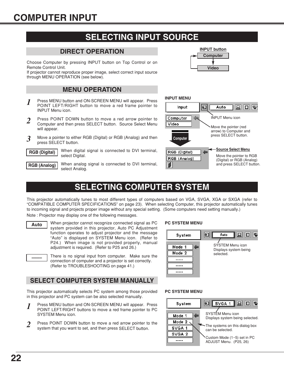 22 computer input, Selecting input source, Selecting computer system | Menu operation direct operation, Select computer system manually | Sanyo plc-su32 User Manual | Page 22 / 48