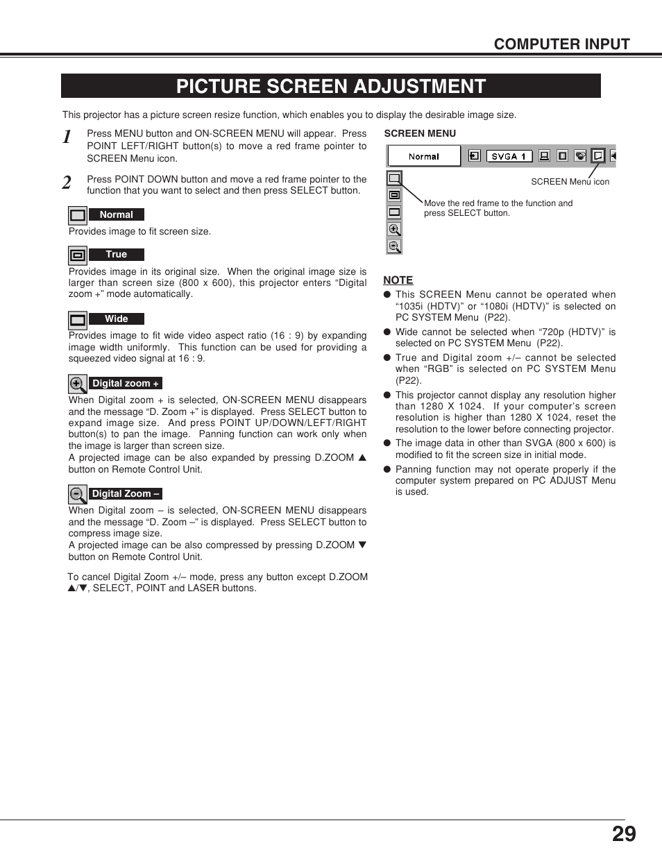 Picture screen adjustment, Computer input | Sanyo plc-su32 User Manual | Page 29 / 48