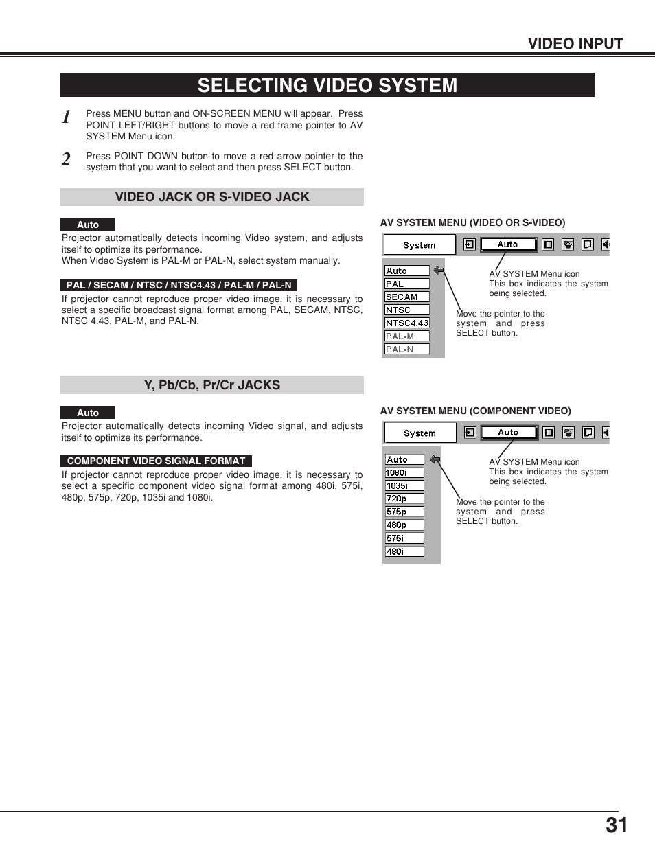 Selecting video system, Video input | Sanyo plc-su32 User Manual | Page 31 / 48