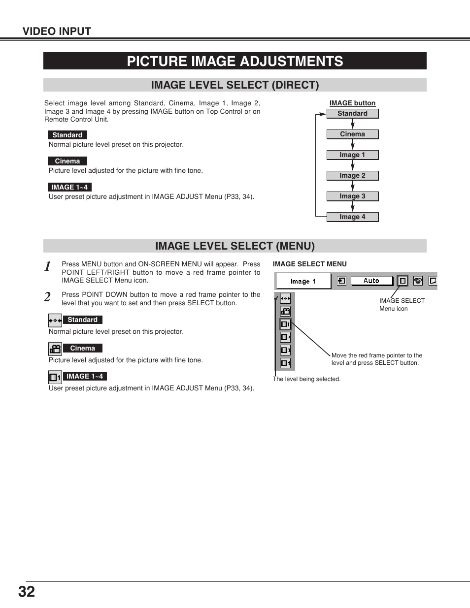 Picture image adjustments, Video input, Image level select (menu) | Image level select (direct) | Sanyo plc-su32 User Manual | Page 32 / 48