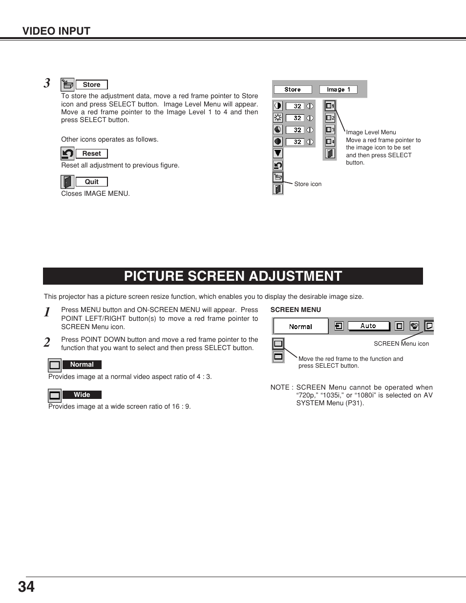 Picture screen adjustment, Video input | Sanyo plc-su32 User Manual | Page 34 / 48