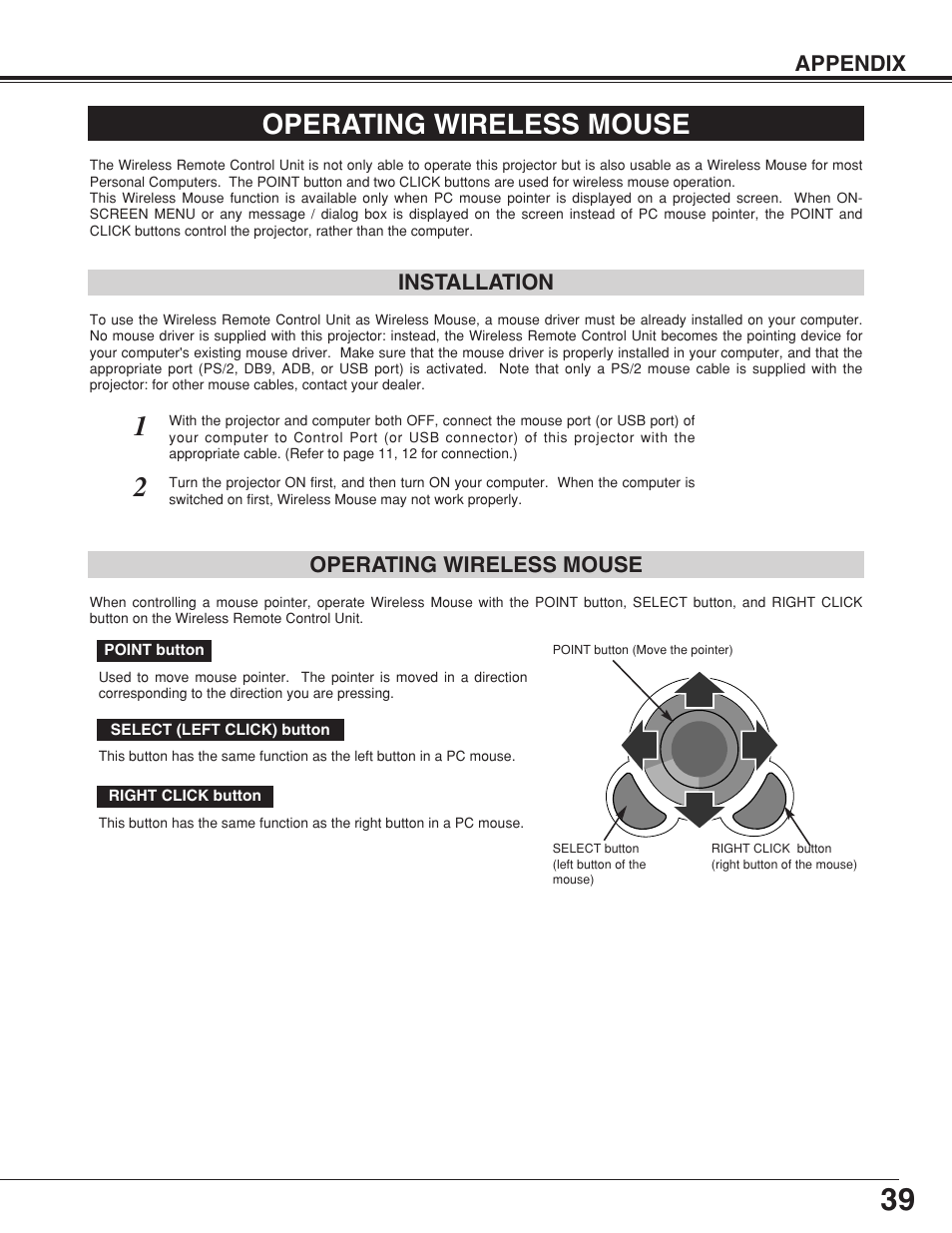 Operating wireless mouse | Sanyo plc-su32 User Manual | Page 39 / 48