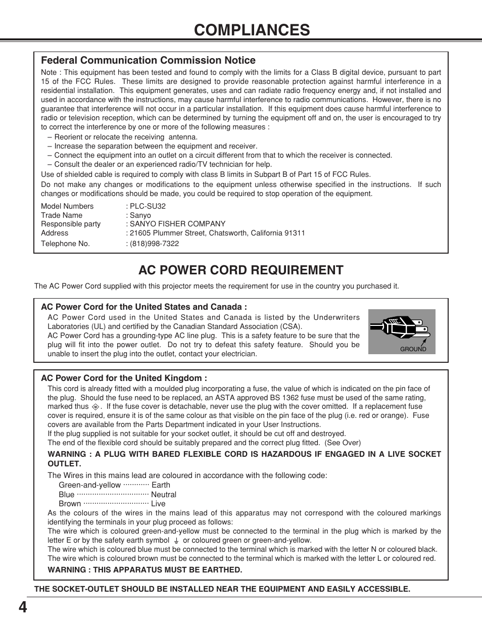 4compliances, Ac power cord requirement, Federal communication commission notice | Sanyo plc-su32 User Manual | Page 4 / 48