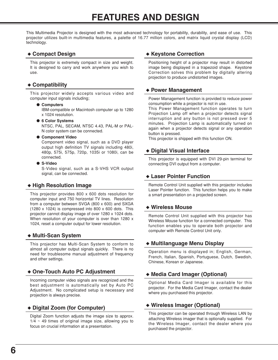 6features and design | Sanyo plc-su32 User Manual | Page 6 / 48