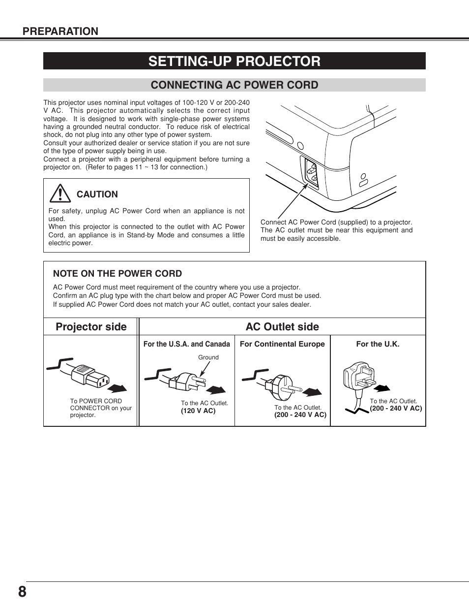 Setting-up projector, Preparation, Projector side ac outlet side | Connecting ac power cord | Sanyo plc-su32 User Manual | Page 8 / 48