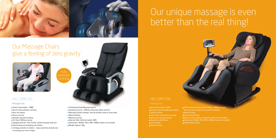 Our massage chairs give a feeling of zero gravity, Hec-dr6100, Hec-dr7700 | Fully automatic reclining | Sanyo EM-G2567 User Manual | Page 10 / 12