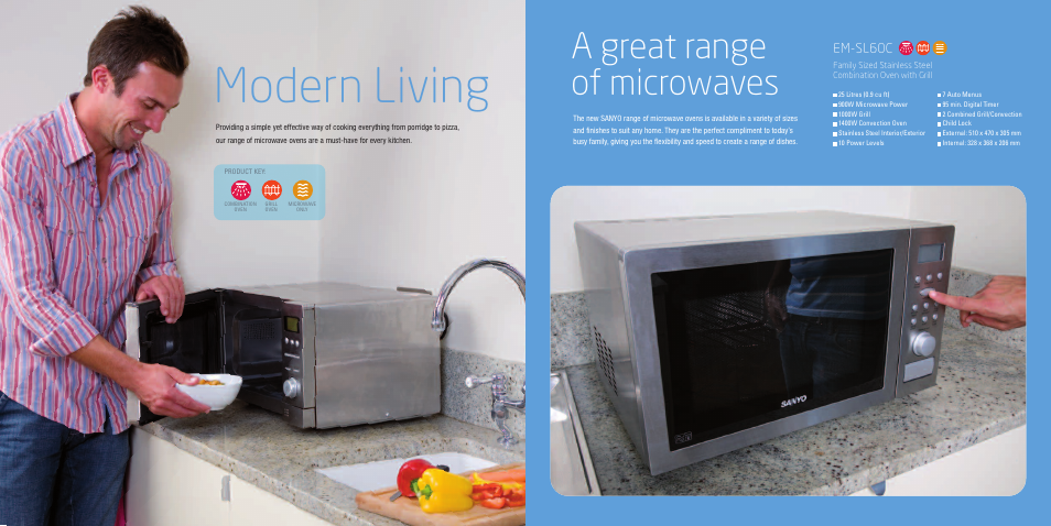 Modern living, A great range of microwaves, Em-sl60c | Sanyo EM-G2567 User Manual | Page 2 / 12