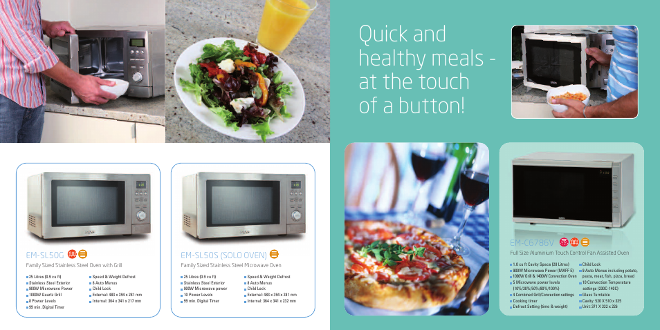 Quick and healthy meals - at the touch of a button, Em-sl50g, Em-sl50s (solo oven) | Em-c6786v | Sanyo EM-G2567 User Manual | Page 3 / 12