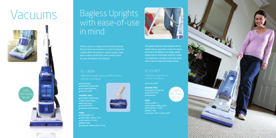 Vacuums, Bagless uprights with ease-of-use in mind, Sc-li80h | Sc-k140t, With mini turbo brush with mini turbo brush | Sanyo EM-G2567 User Manual | Page 7 / 12