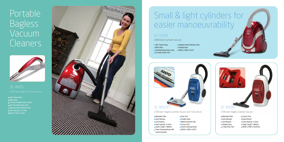 Portable bagless vacuum cleaners, Small & light cylinders for easier manoeuvrability, Sc-n525t | Sc-n500, Sc-5006, Sc-a601 | Sanyo EM-G2567 User Manual | Page 8 / 12