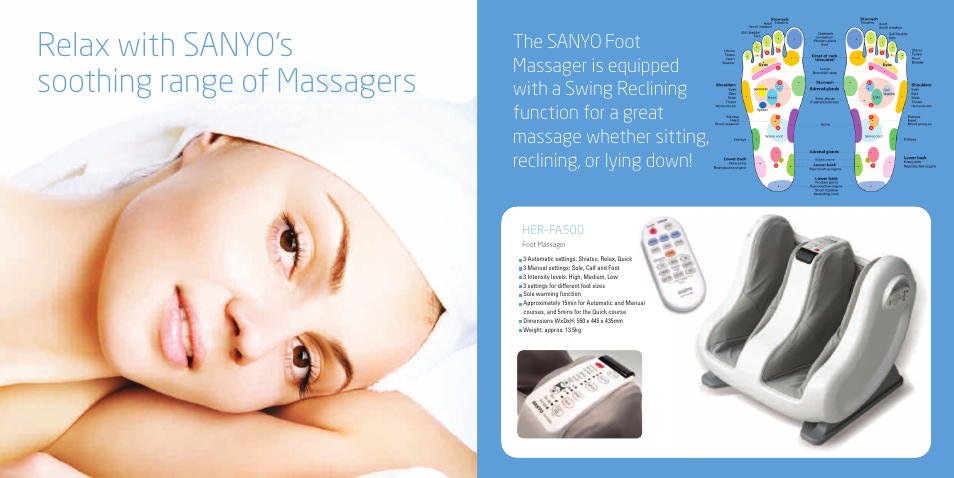 Relax with sanyo’s soothing range of massagers, Her-fa500 | Sanyo EM-G2567 User Manual | Page 9 / 12