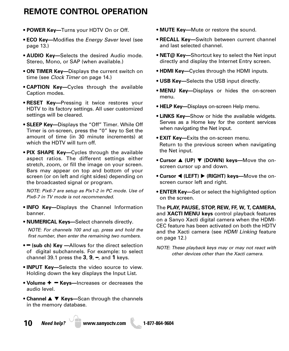 Remote control operation | Sanyo DP55360 User Manual | Page 10 / 40