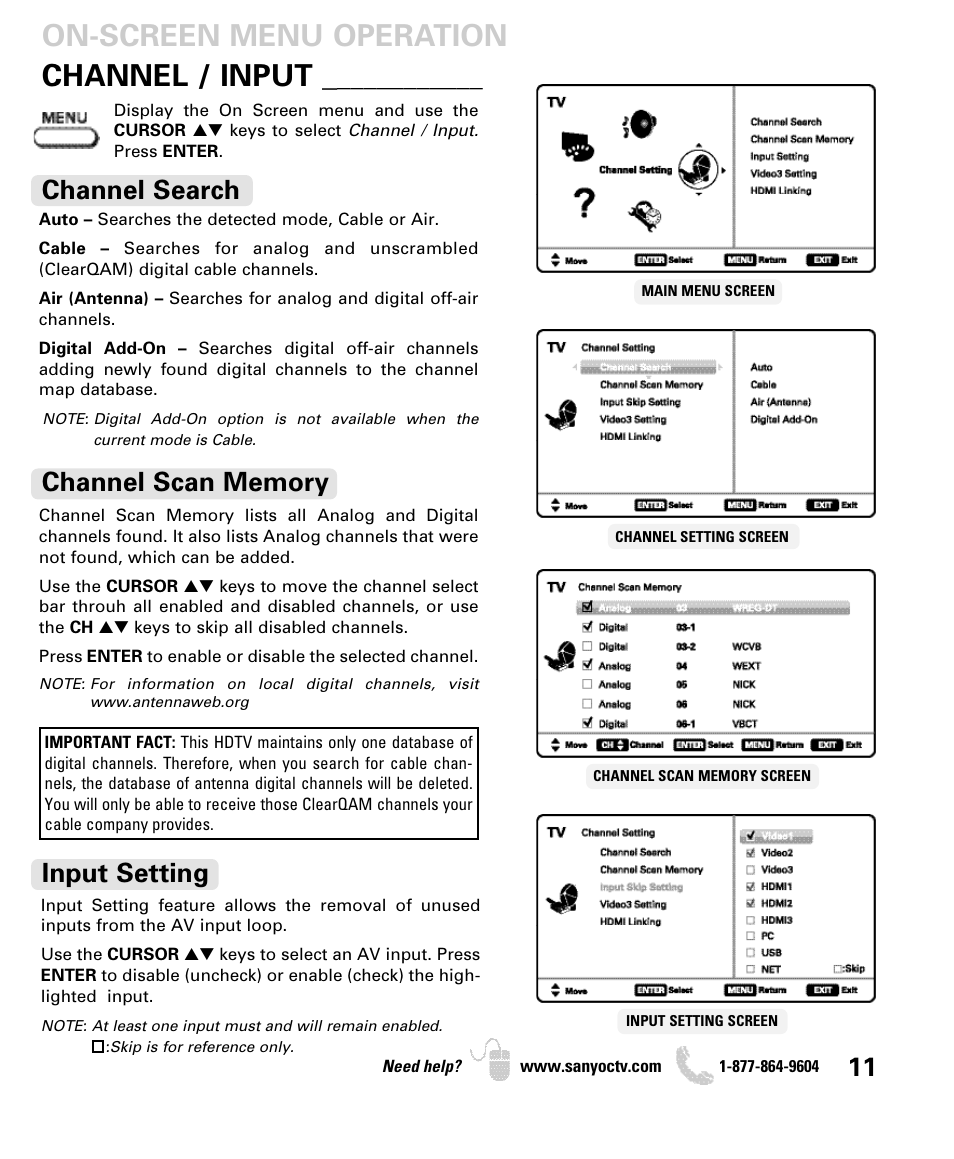 Channel / input, On-screen menu operation, Channel search | Input setting | Sanyo DP55360 User Manual | Page 11 / 40