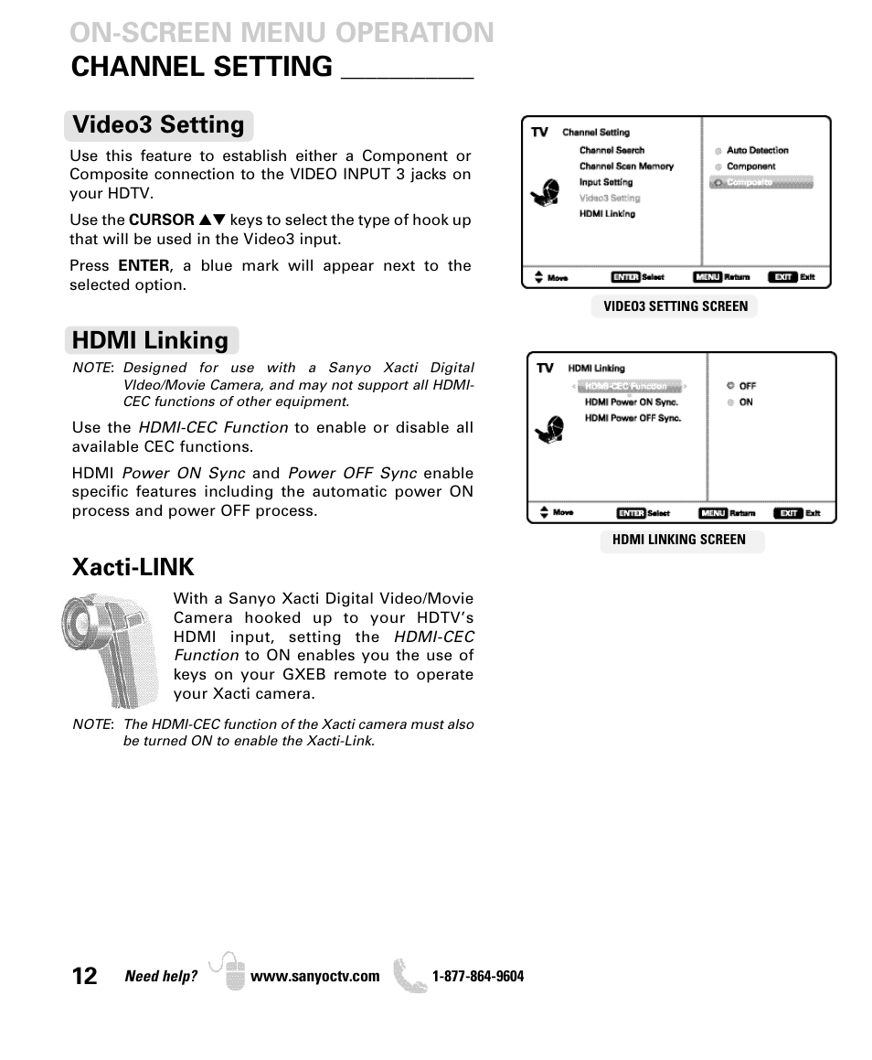 On-screen menu operation, Channel setting, Video3 setting | Xacti-link, Hdmi linking | Sanyo DP55360 User Manual | Page 12 / 40