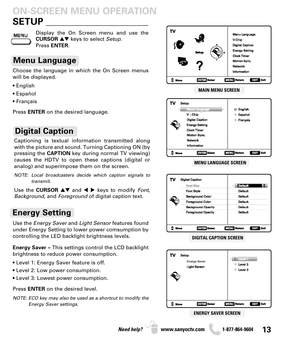 Setup, On-screen menu operation, Digital caption | Energy setting menu language | Sanyo DP55360 User Manual | Page 13 / 40