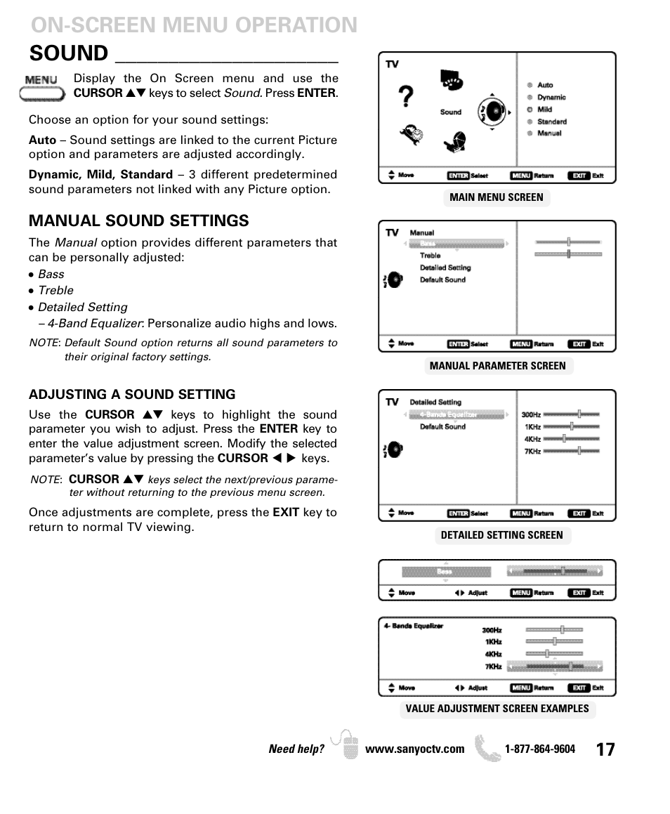 Sound, On-screen menu operation, Manual sound settings | Sanyo DP55360 User Manual | Page 17 / 40