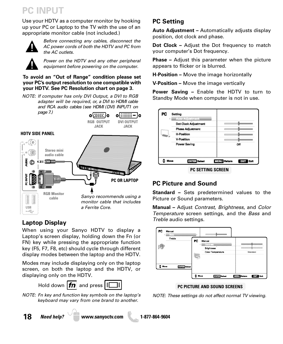 Pc input, Pc setting, Pc picture and sound | Laptop display | Sanyo DP55360 User Manual | Page 18 / 40