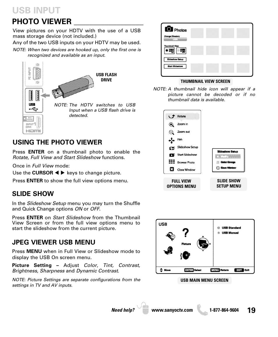 Usb input, Photo viewer, Using the photo viewer | Slide show, Jpeg viewer usb menu | Sanyo DP55360 User Manual | Page 19 / 40