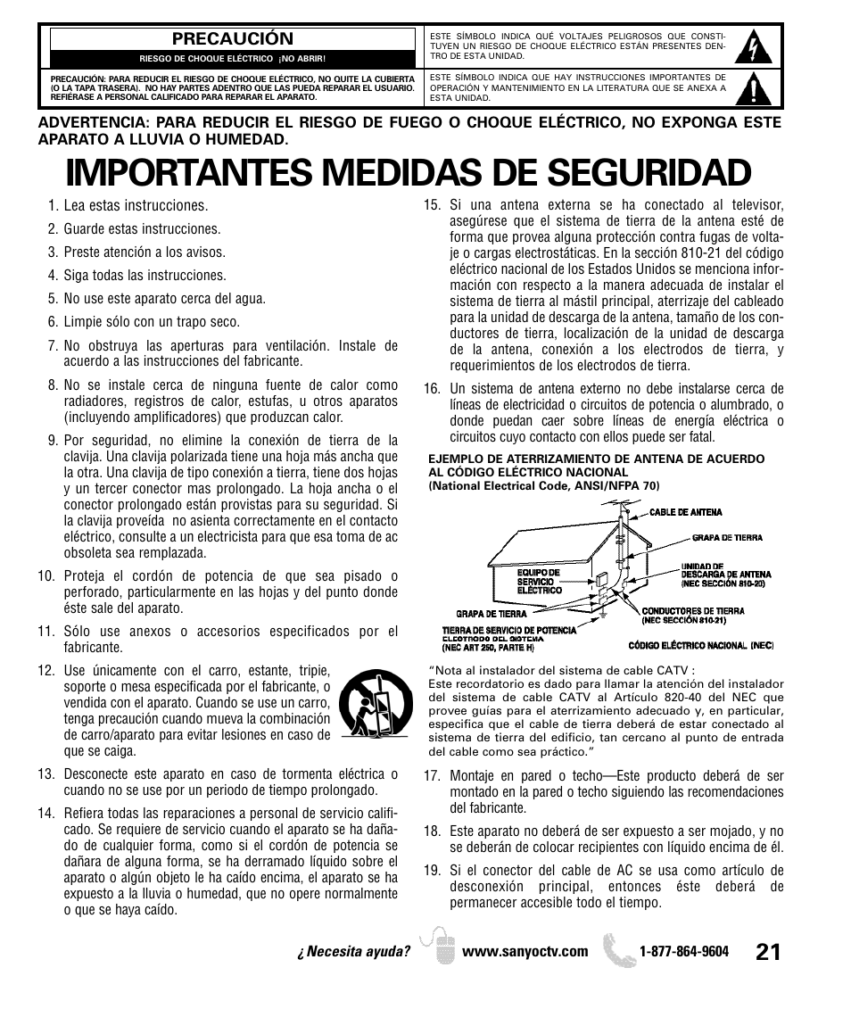 Importantes medidas de seguridad | Sanyo DP55360 User Manual | Page 21 / 40