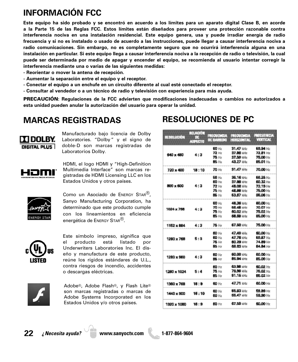 Información fcc, Resoluciones de pc, Marcas registradas | Sanyo DP55360 User Manual | Page 22 / 40