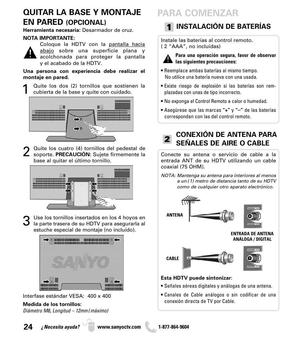 Para comenzar, Quitar la base y montaje en pared | Sanyo DP55360 User Manual | Page 24 / 40