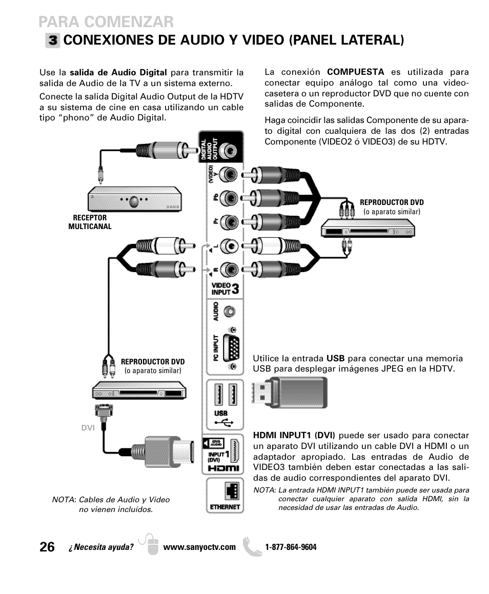 Para comenzar, Conexiones de audio y video (panel lateral) | Sanyo DP55360 User Manual | Page 26 / 40