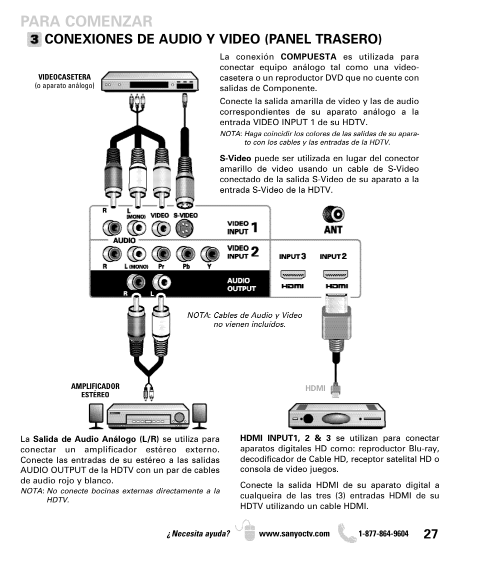 Para comenzar, Conexiones de audio y video (panel trasero) | Sanyo DP55360 User Manual | Page 27 / 40