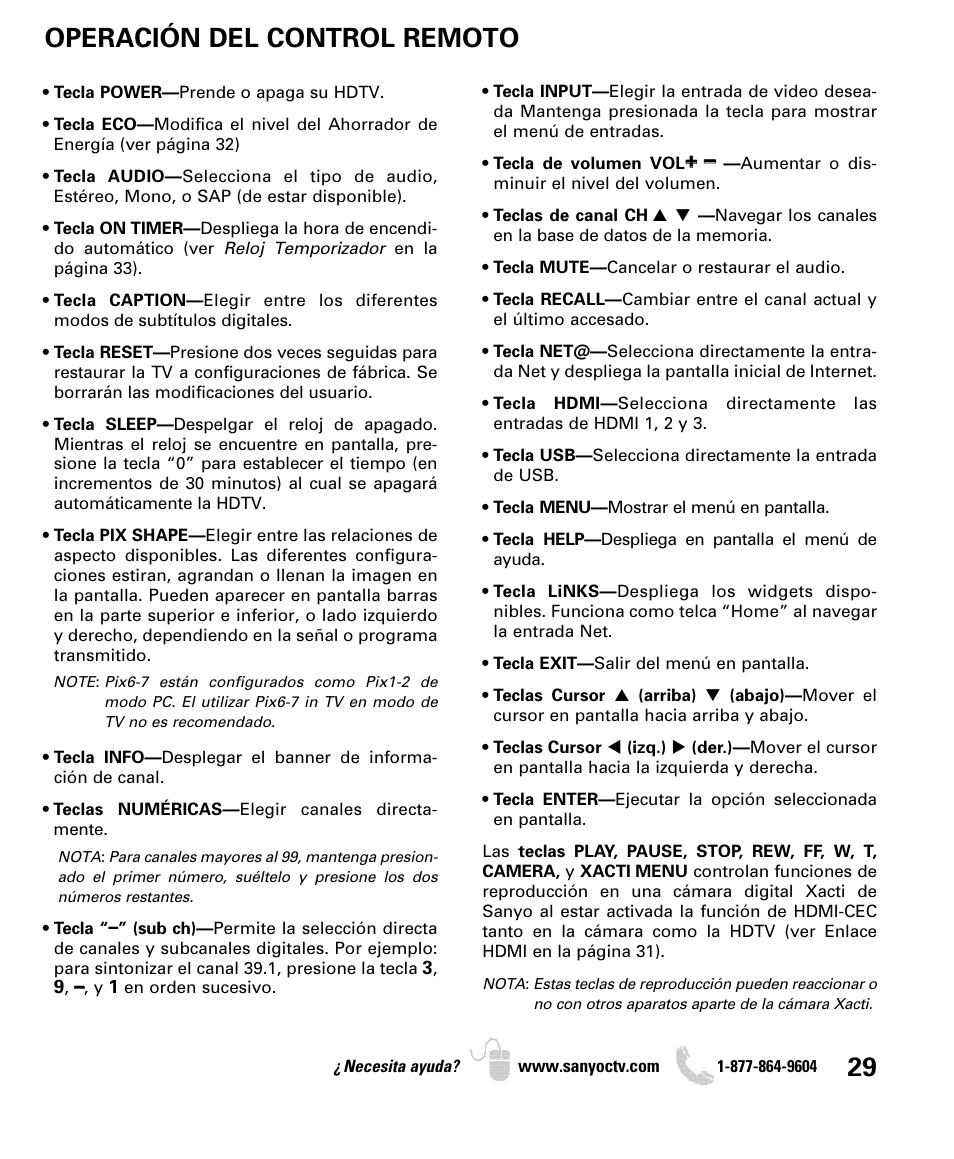 Operación del control remoto | Sanyo DP55360 User Manual | Page 29 / 40