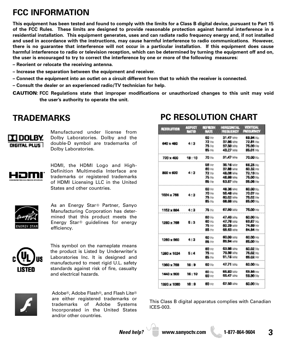 Fcc information, Trademarks pc resolution chart | Sanyo DP55360 User Manual | Page 3 / 40