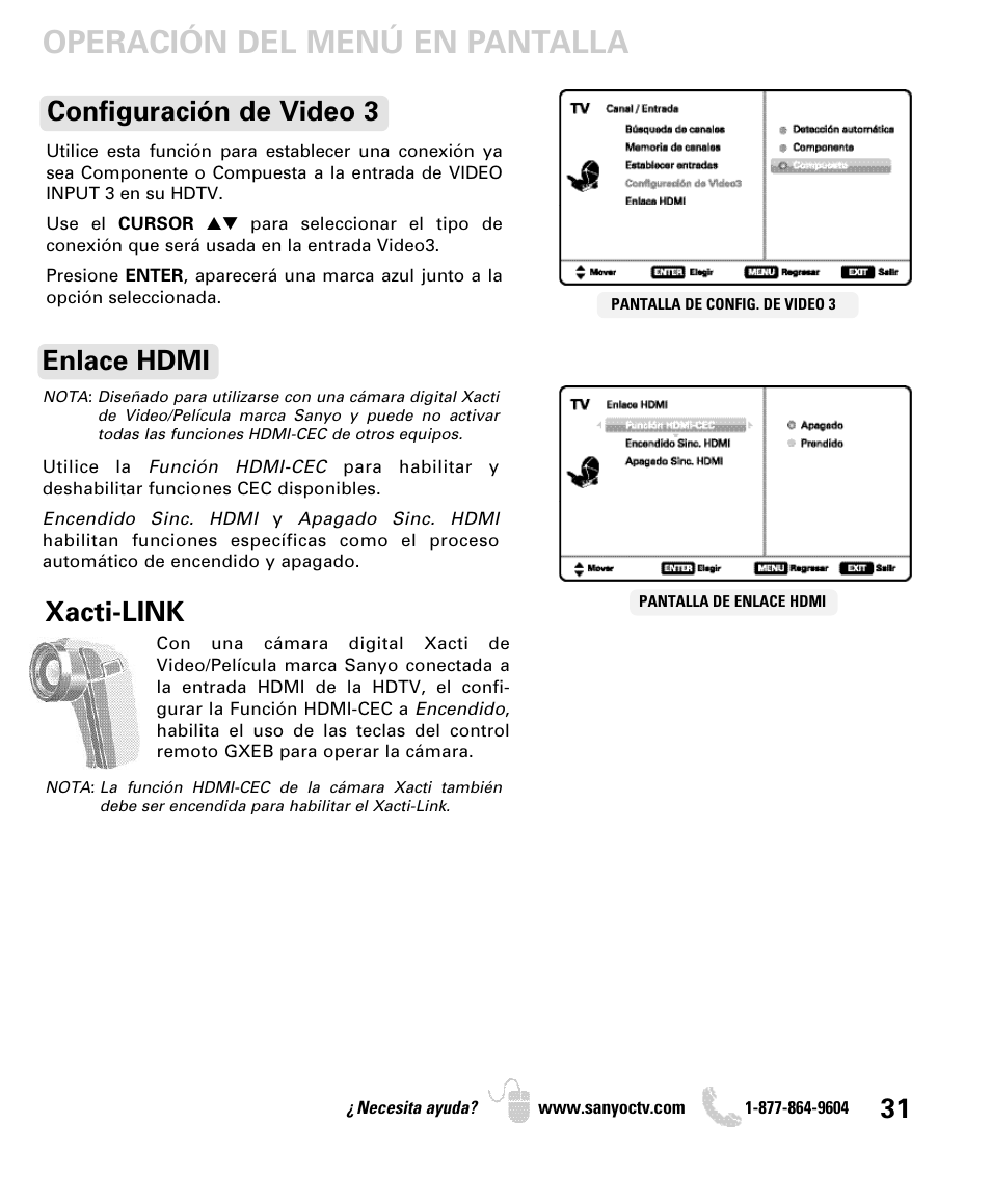 Operación del menú en pantalla, Configuración de video 3 enlace hdmi, Xacti-link | Sanyo DP55360 User Manual | Page 31 / 40
