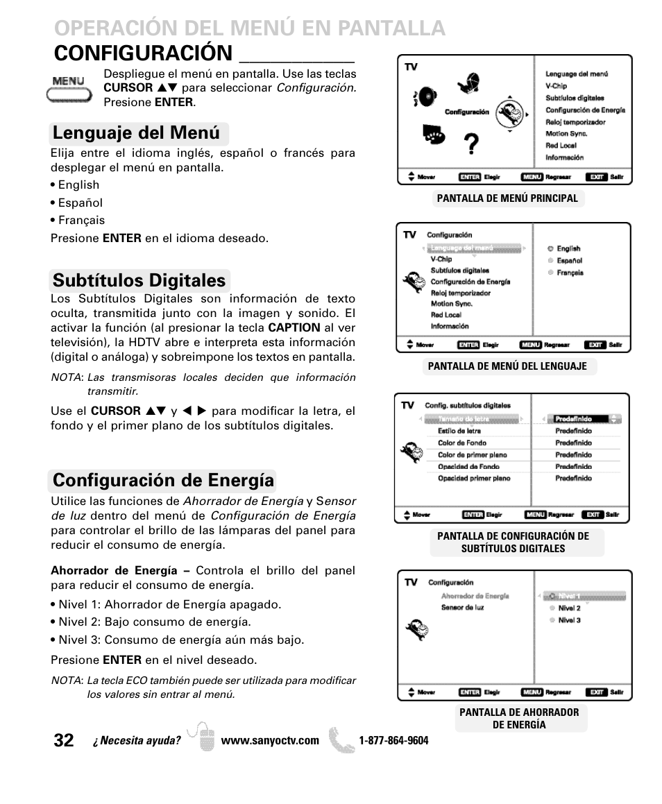 Operación del menú en pantalla, Configuración, Lenguaje del menú subtítulos digitales | Configuración de energía | Sanyo DP55360 User Manual | Page 32 / 40