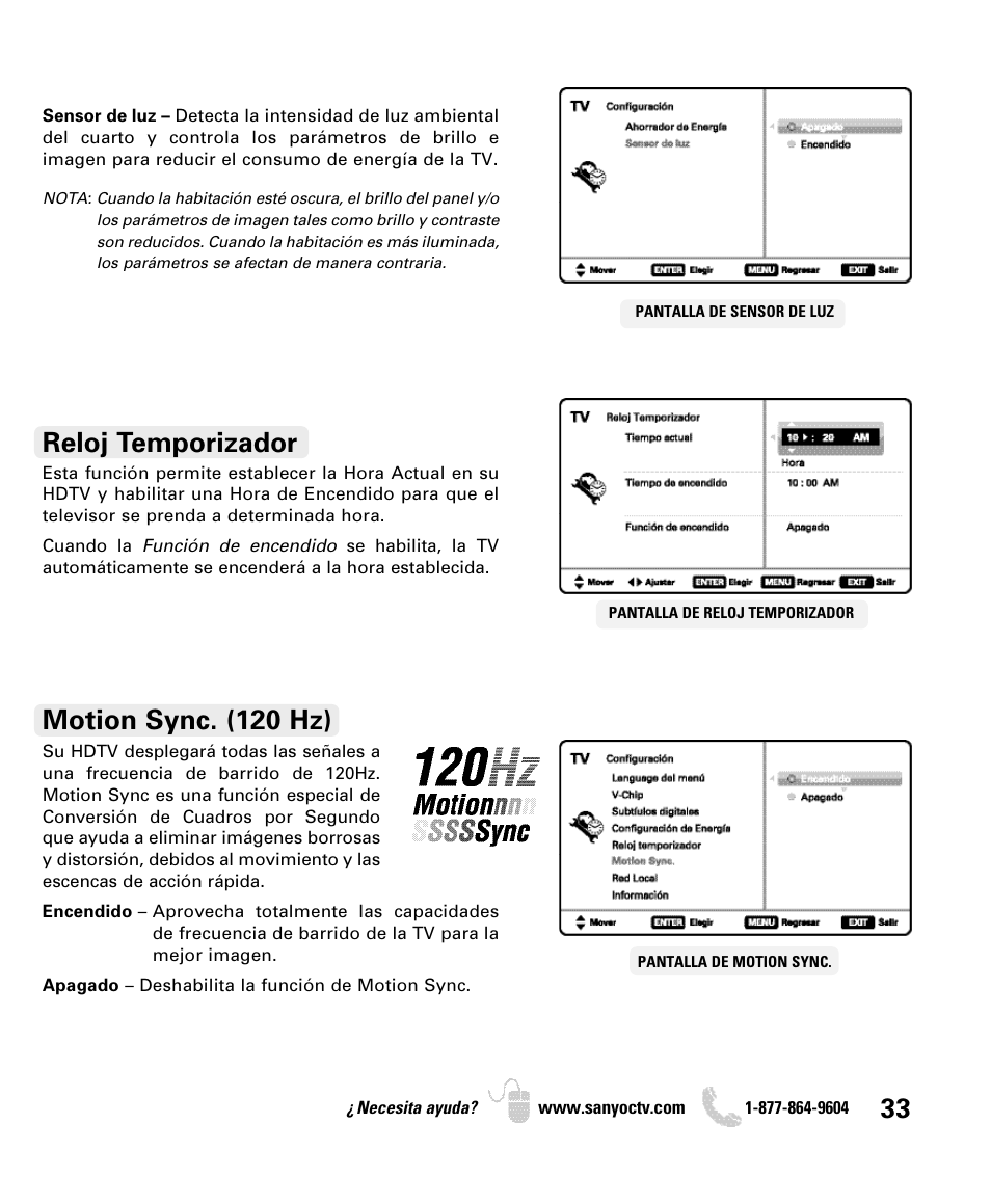 Motion sync. (120 hz), Reloj temporizador | Sanyo DP55360 User Manual | Page 33 / 40