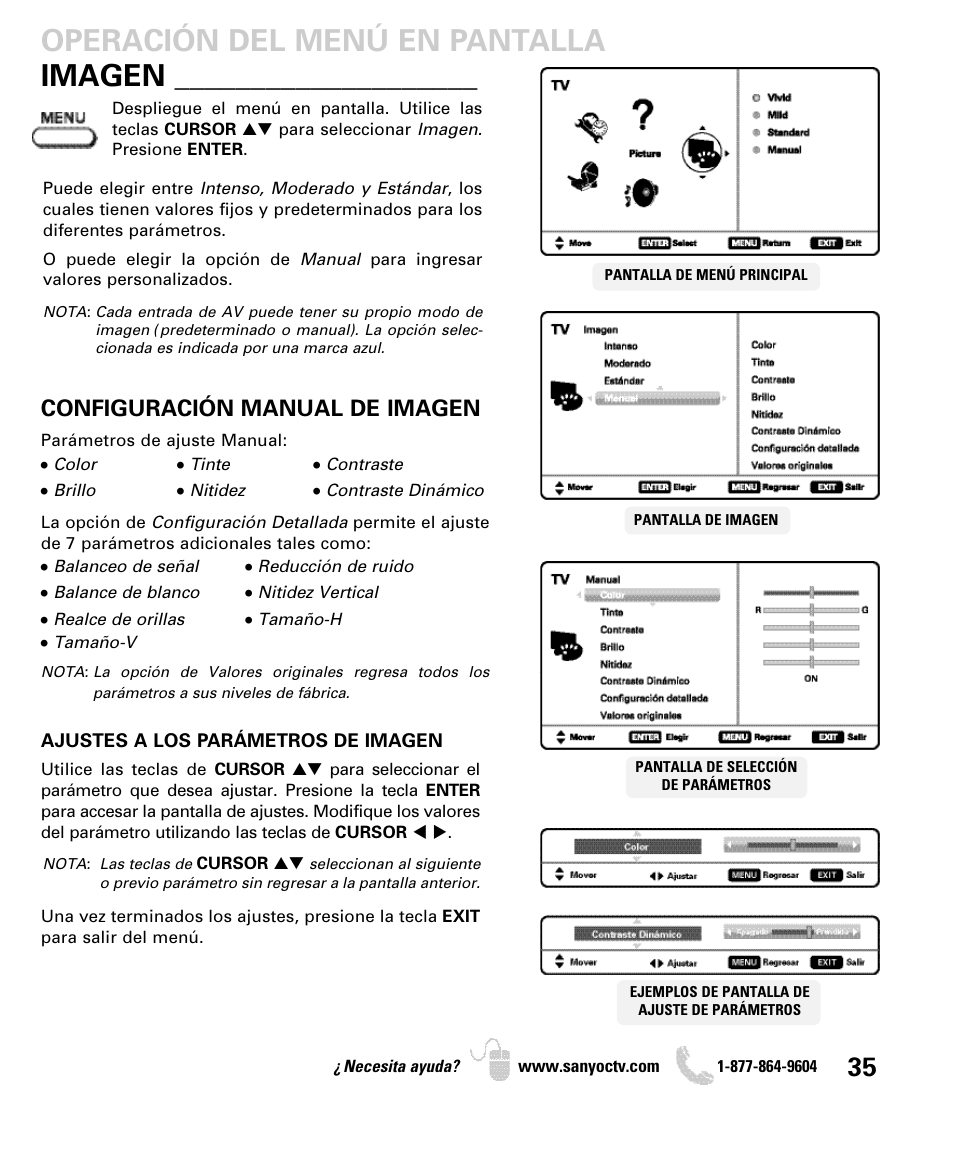 Imagen, Operación del menú en pantalla, Configuración manual de imagen | Sanyo DP55360 User Manual | Page 35 / 40