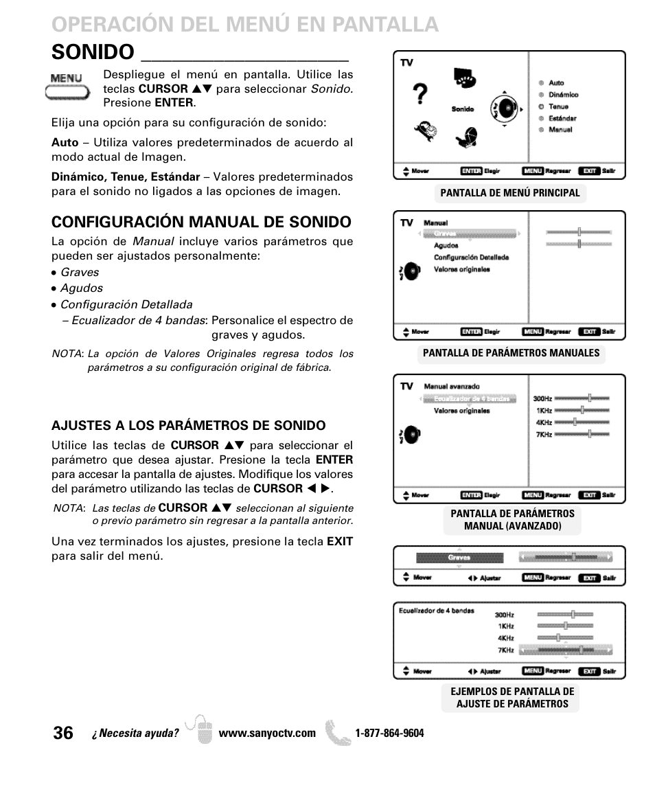 Configuración manual de sonido | Sanyo DP55360 User Manual | Page 36 / 40