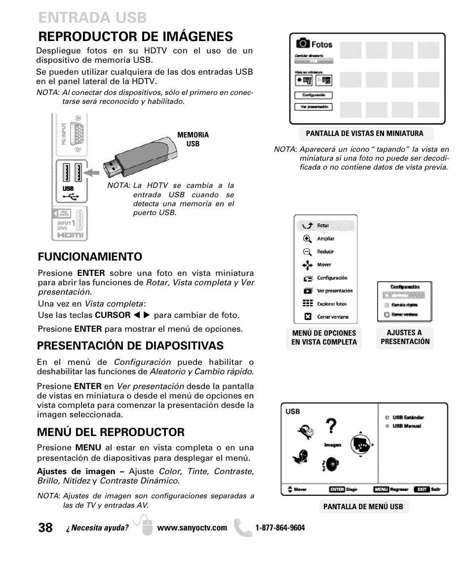 Entrada usb, Reproductor de imágenes, Funcionamiento | Presentación de diapositivas, Menú del reproductor | Sanyo DP55360 User Manual | Page 38 / 40