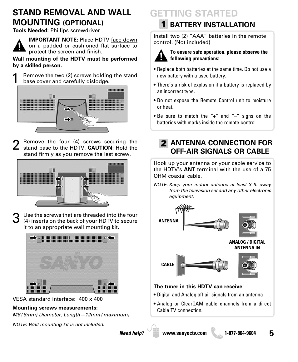 Getting started, Stand removal and wall mounting | Sanyo DP55360 User Manual | Page 5 / 40