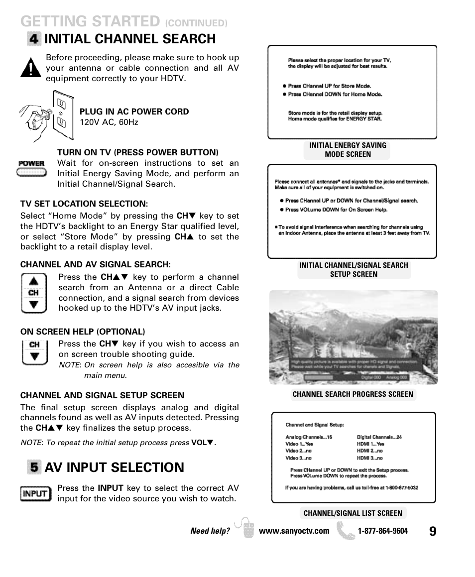 Getting started, Initial channel search, Av input selection | Sanyo DP55360 User Manual | Page 9 / 40