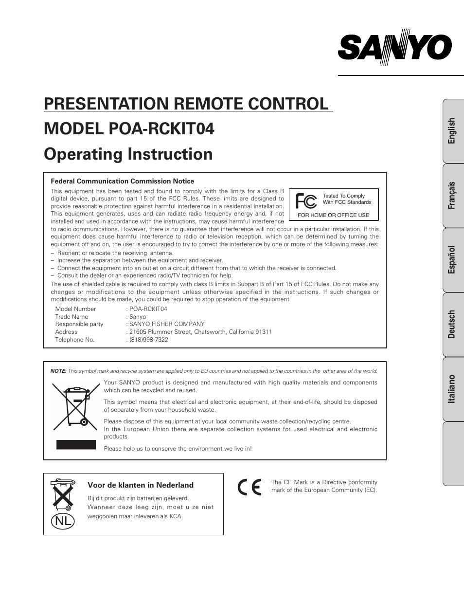 Sanyo POA-RCKIT04 User Manual | 4 pages