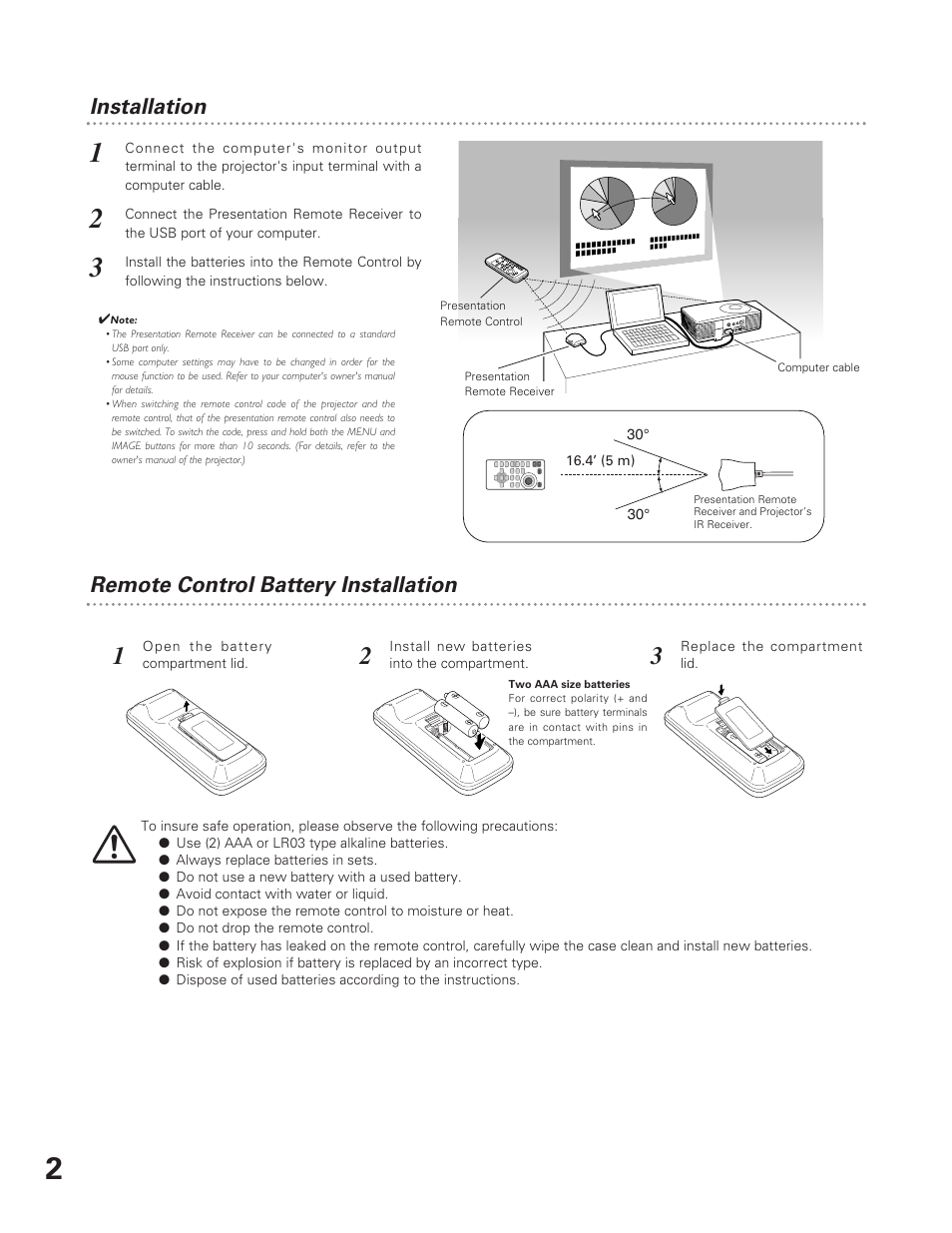 Installation, Remote control battery installation | Sanyo POA-RCKIT04 User Manual | Page 2 / 4