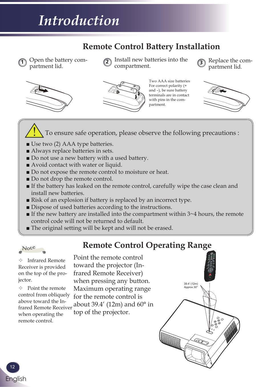 Remote control battery installation, Remote control operating range, Introduction | Sanyo PJLINK PDG-DXL100 User Manual | Page 13 / 63
