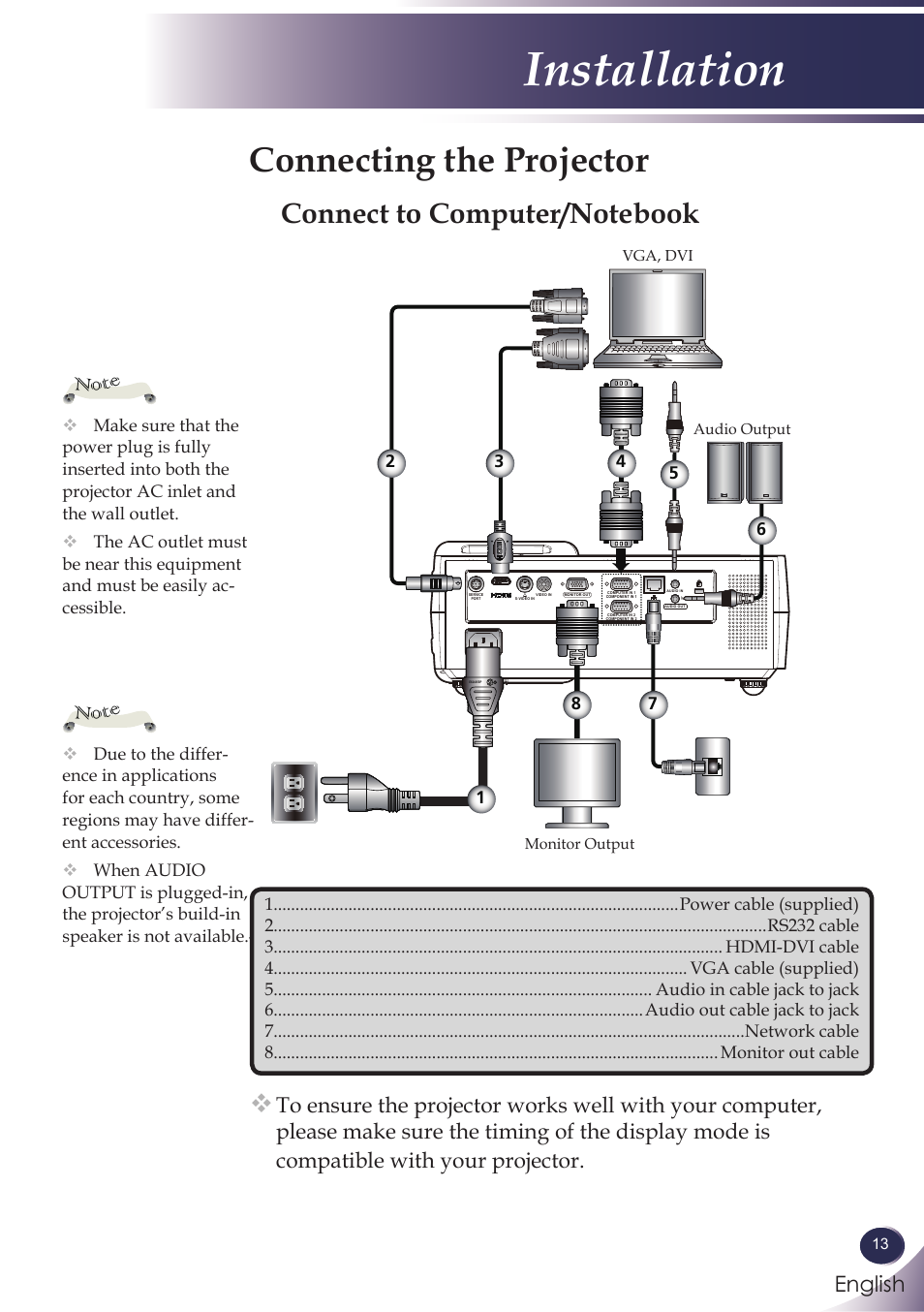 Installation, Connecting the projector, Connect to computer/notebook | English | Sanyo PJLINK PDG-DXL100 User Manual | Page 14 / 63