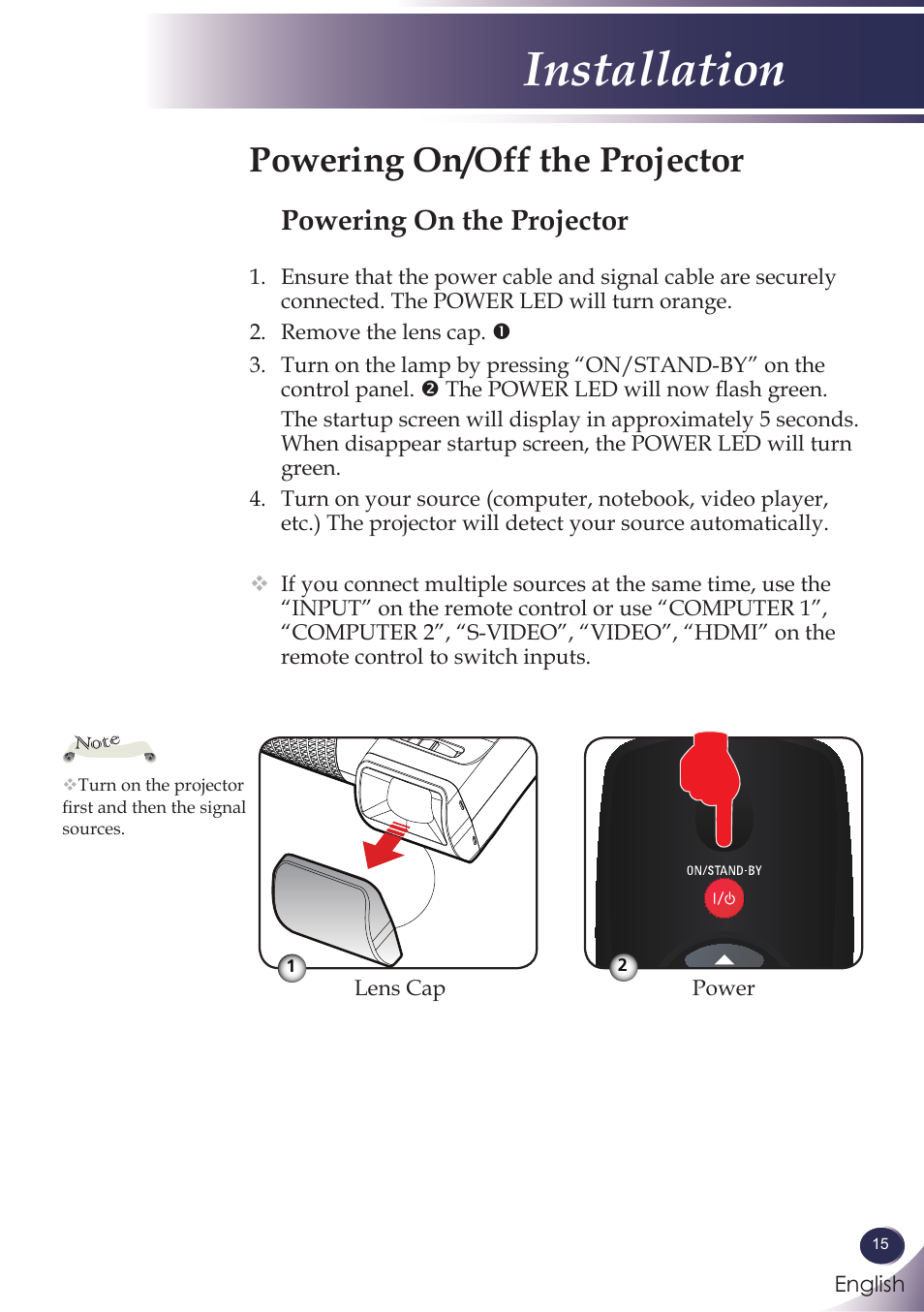 Powering on/off the projector, Powering on the projector, Installation | Sanyo PJLINK PDG-DXL100 User Manual | Page 16 / 63