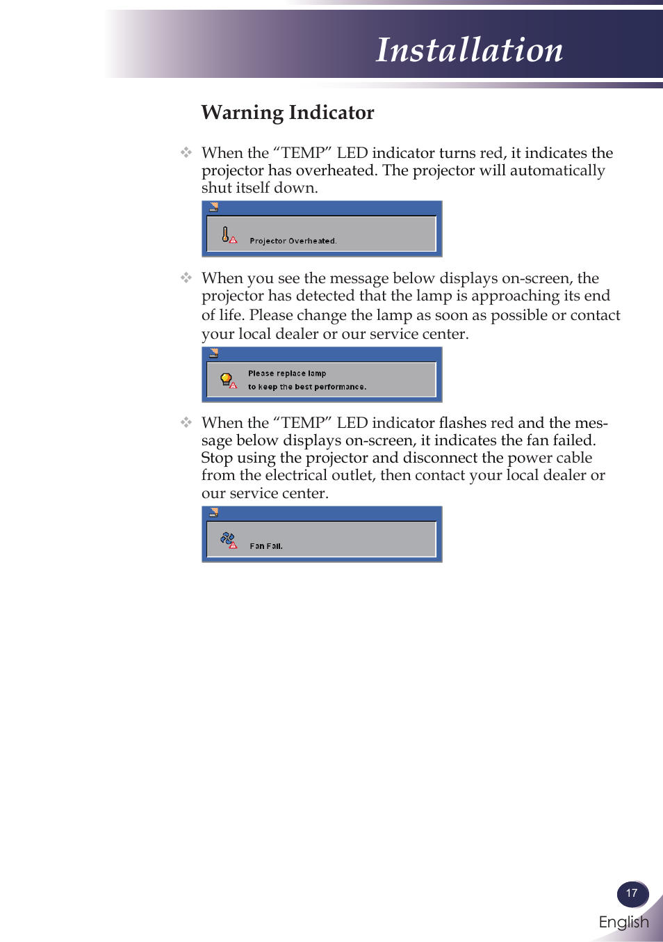 Warning indicator, Installation | Sanyo PJLINK PDG-DXL100 User Manual | Page 18 / 63