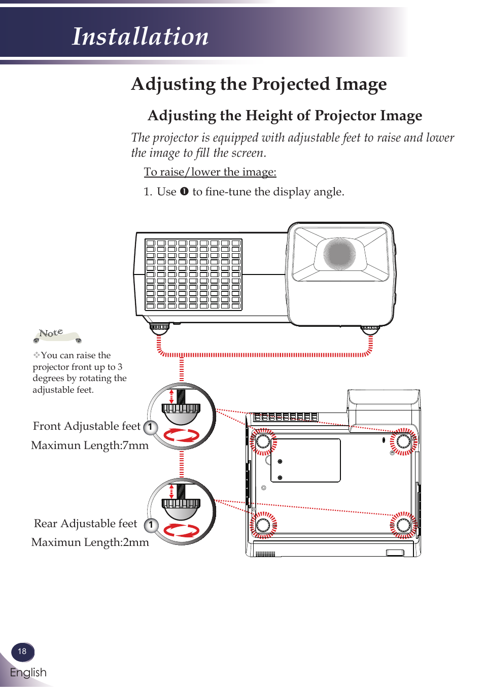 Adjusting the projected image, Adjusting the height of projector image, Installation | Sanyo PJLINK PDG-DXL100 User Manual | Page 19 / 63