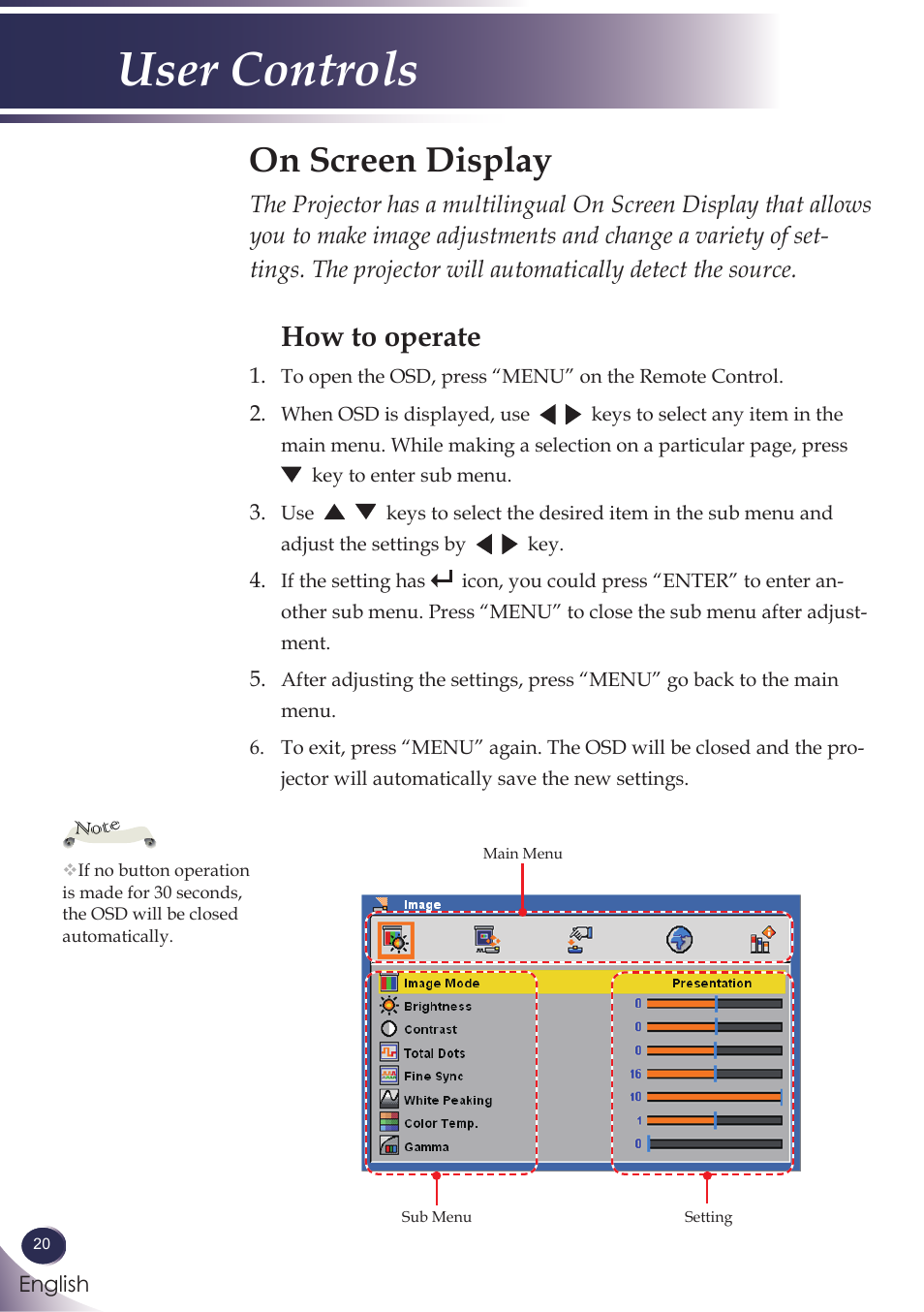 User controls, On screen display, How to operate | Sanyo PJLINK PDG-DXL100 User Manual | Page 21 / 63