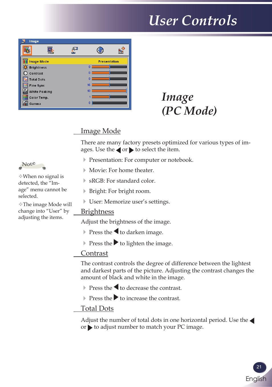 Image (pc mode), Image(pc mode), User controls | Sanyo PJLINK PDG-DXL100 User Manual | Page 22 / 63
