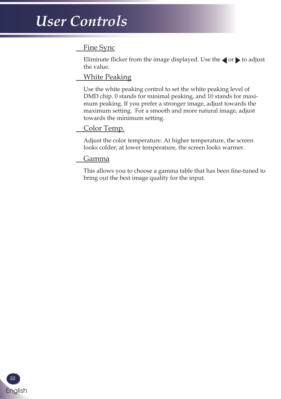 User controls | Sanyo PJLINK PDG-DXL100 User Manual | Page 23 / 63