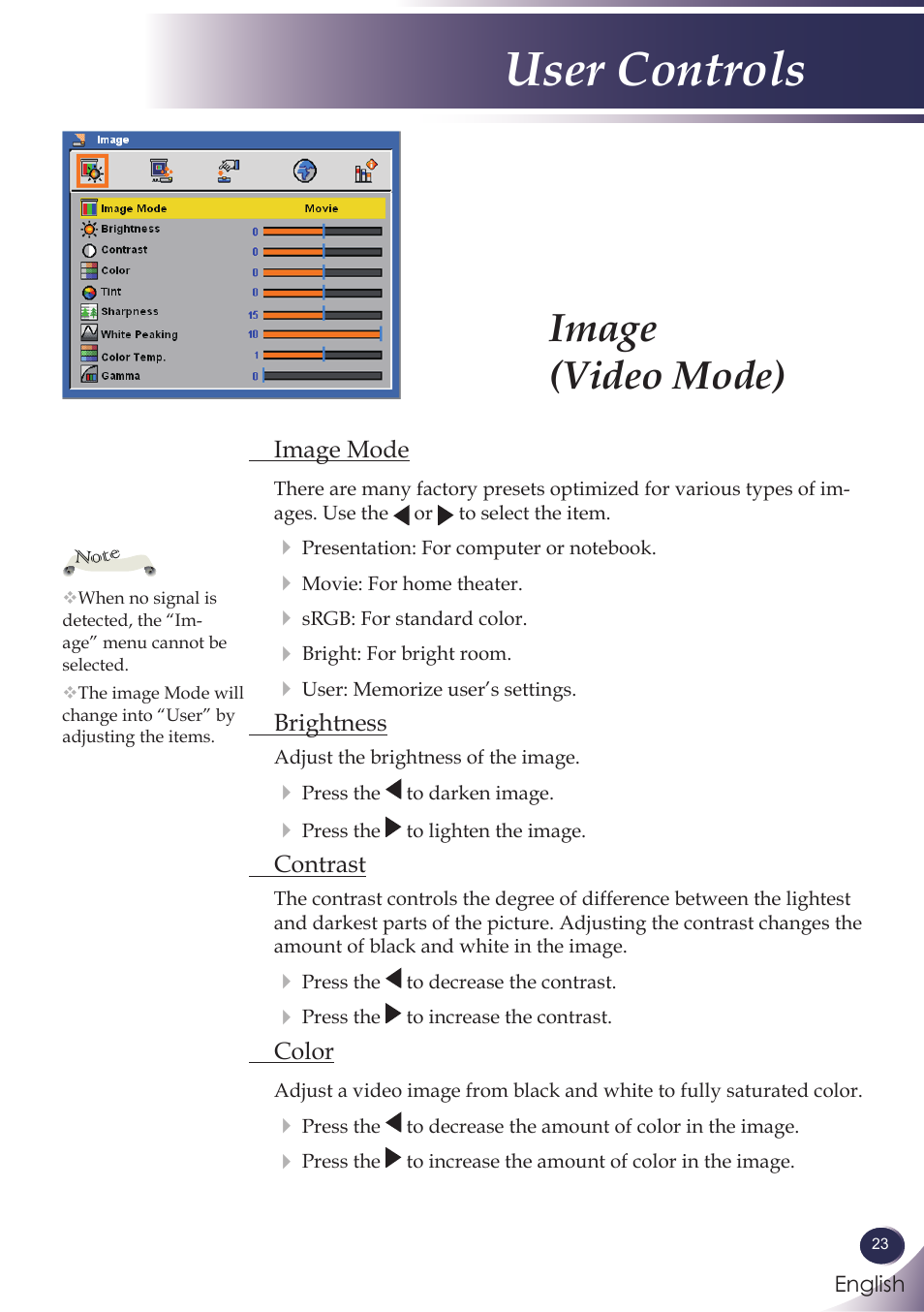 Image (video mode), Image(video mode), User controls | Sanyo PJLINK PDG-DXL100 User Manual | Page 24 / 63